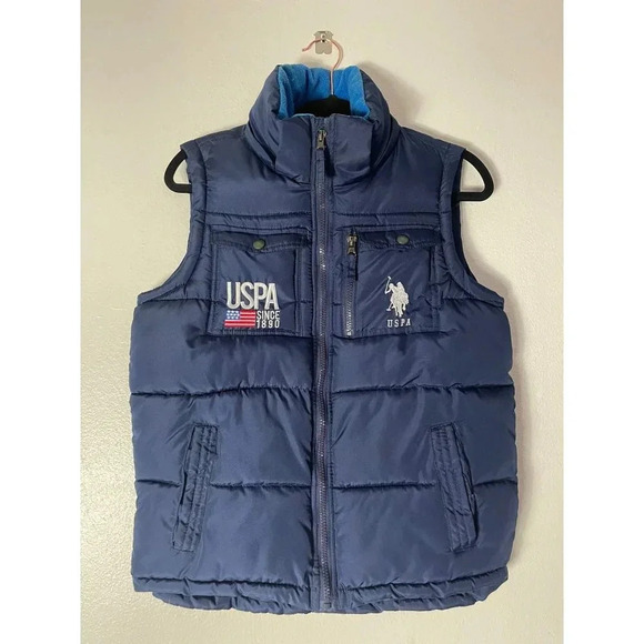 U.S Polo Assn. Boys Sleeveless Full Zip Up Mock Neck Puffer Vest Navy Blue 14/16 - Picture 1 of 6